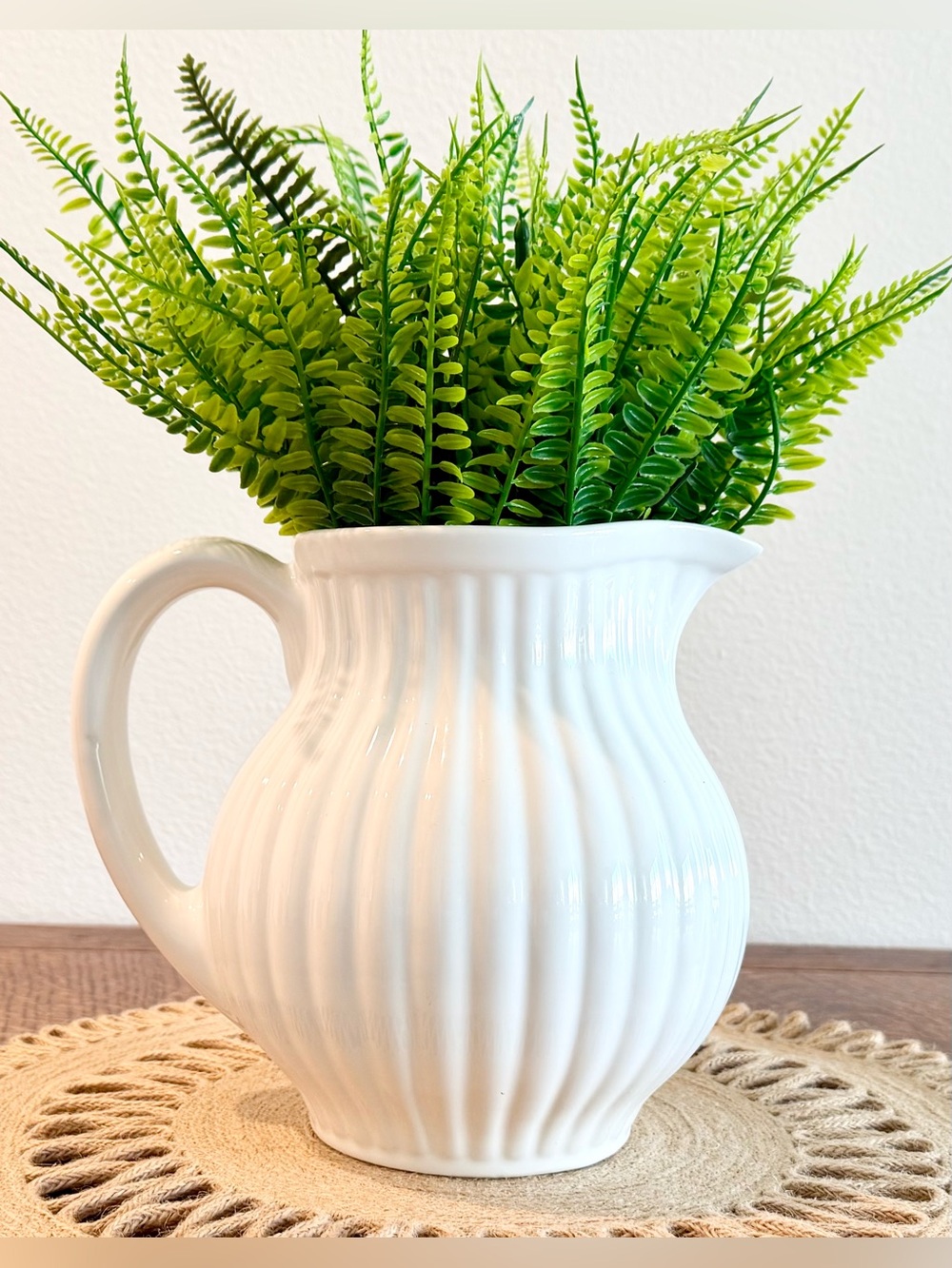 Vintage FP Home Portugal Handcrafted Tall Ribbed Ceramic Pitcher White
